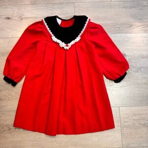 Rose Cottage Vintage Dress Party Holiday Velvet Collar Lace Trim Red Girls‎ 6